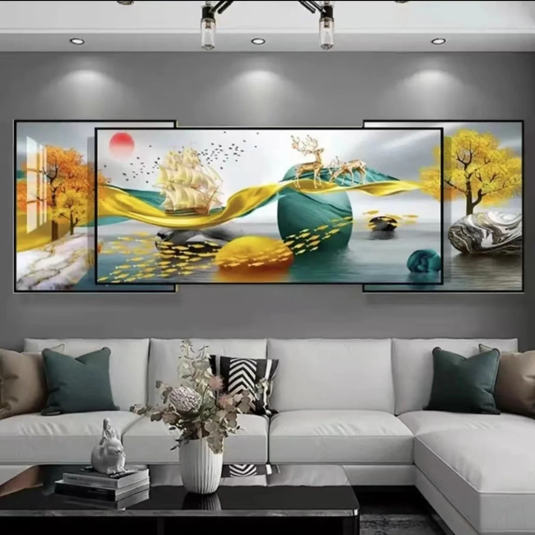 鱼鹿祥和叠层晶瓷晶钻，铝合金外框。装饰画防水镶钻立体客厅镶嵌