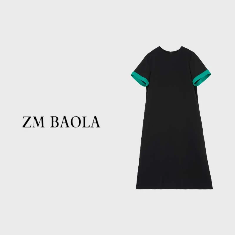 ZM BAOLA【绿墨诗韵】夏装简约优雅拼接圆领百搭连衣裙BH2011-S1西