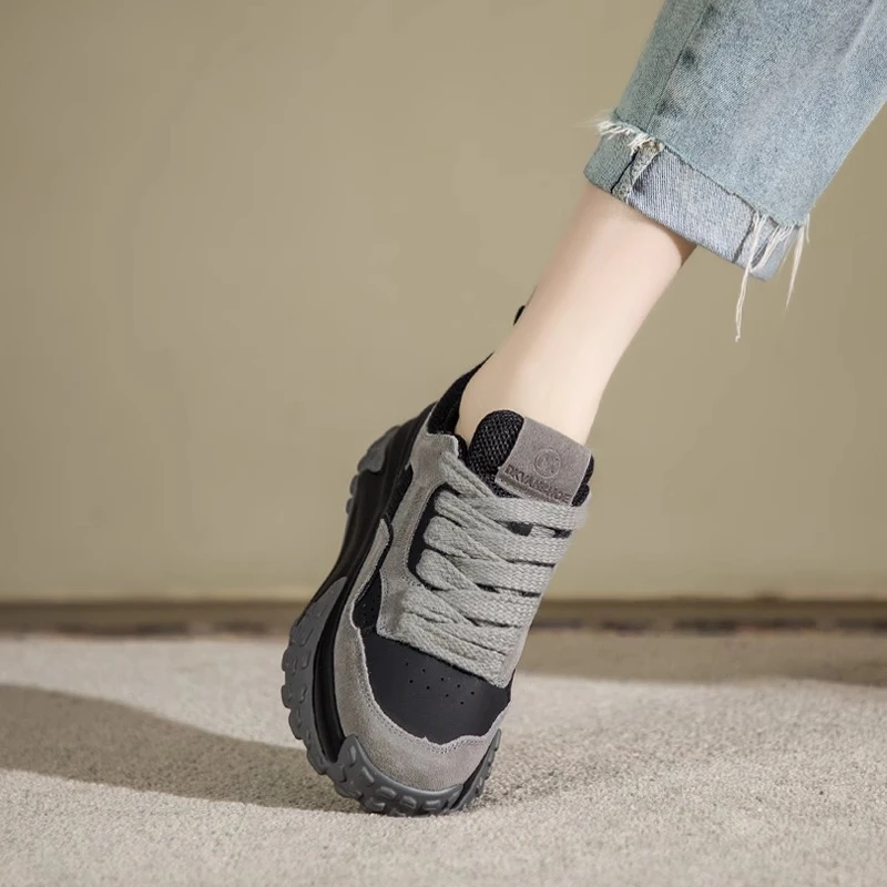 真皮加绒老爹鞋女2025春秋季新款单鞋百搭松糕厚底系带休闲运动鞋