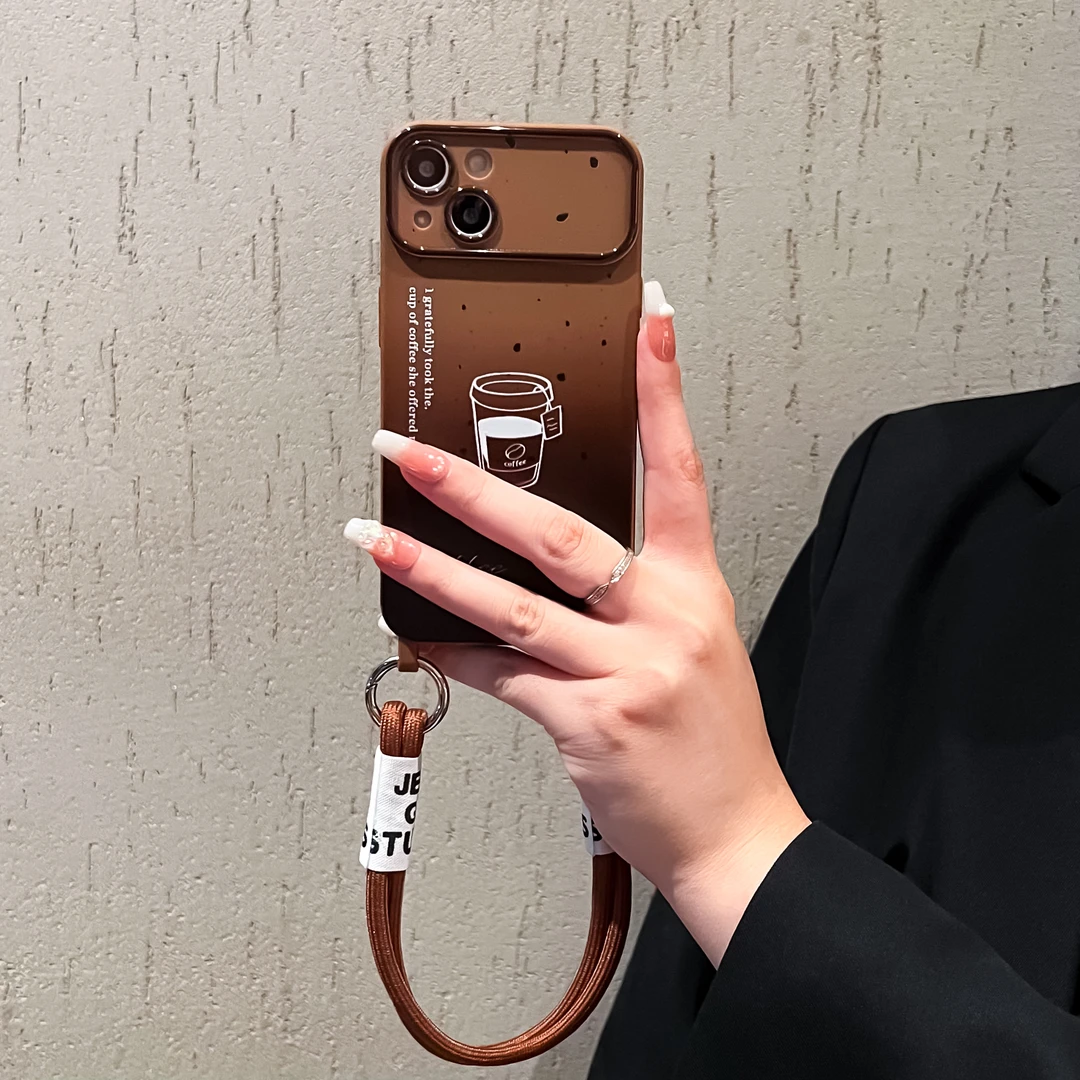 苹果15promax手机壳iPhone14全包防摔带挂绳13斜挎12渐变棕色11女