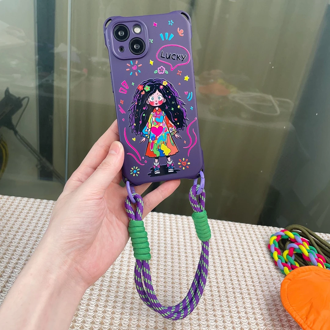 彩色女孩适用iPhone15/14promax手机壳手提斜挎绳13紫色12防摔11