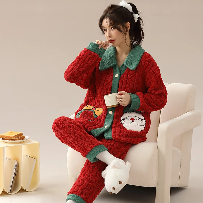 睡衣女加绒秋冬款珊瑚绒加厚保暖家居服套装开衫冬天外穿