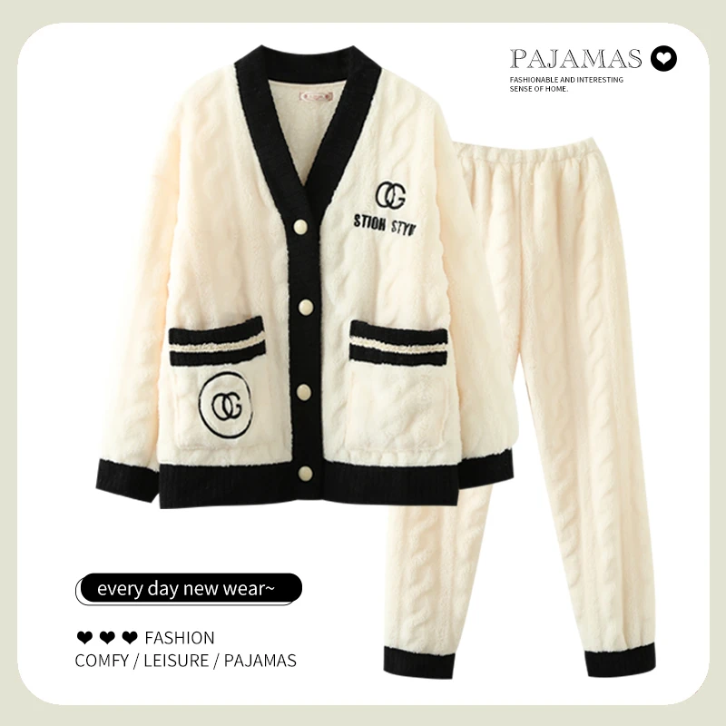 2024年新款睡衣女加绒加厚秋冬季珊瑚绒保暖家居服套装冬天可外穿