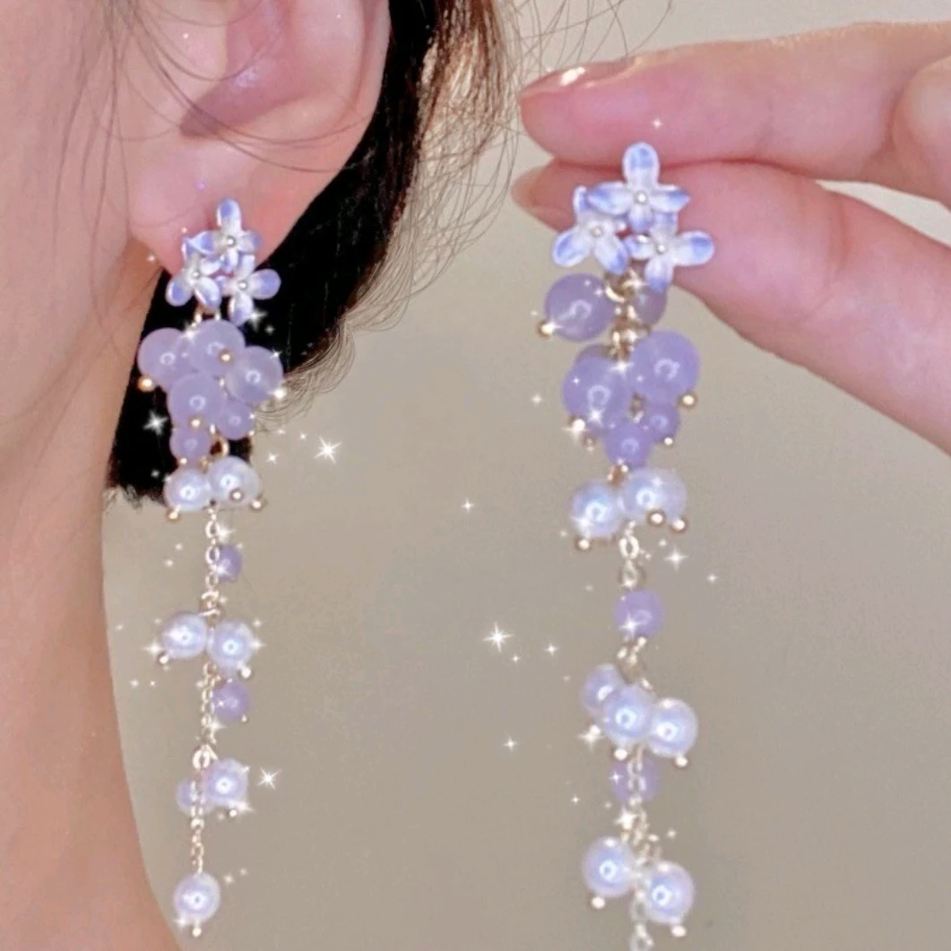 铜合金耳饰 烟紫葡萄耳饰法式复古紫色花朵流苏耳环甜美气质耳钉