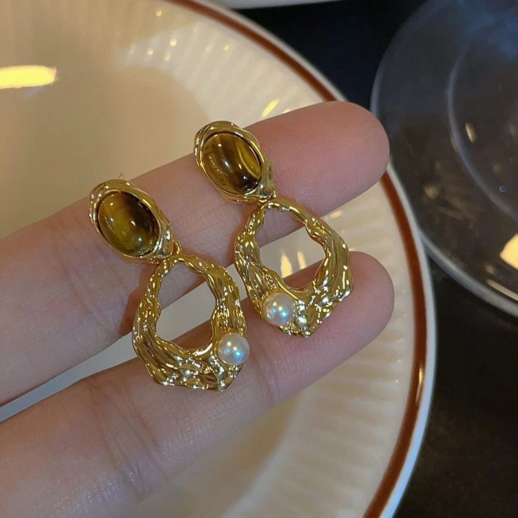 925银针金色复古珠珠耳环女轻奢高级感气质耳坠小众独特设计耳饰