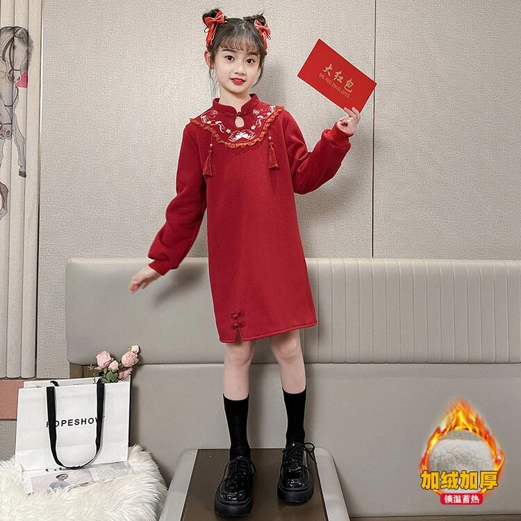 女童红色加绒连衣裙冬季中国风旗袍拜年服儿童小女孩洋气新年裙子