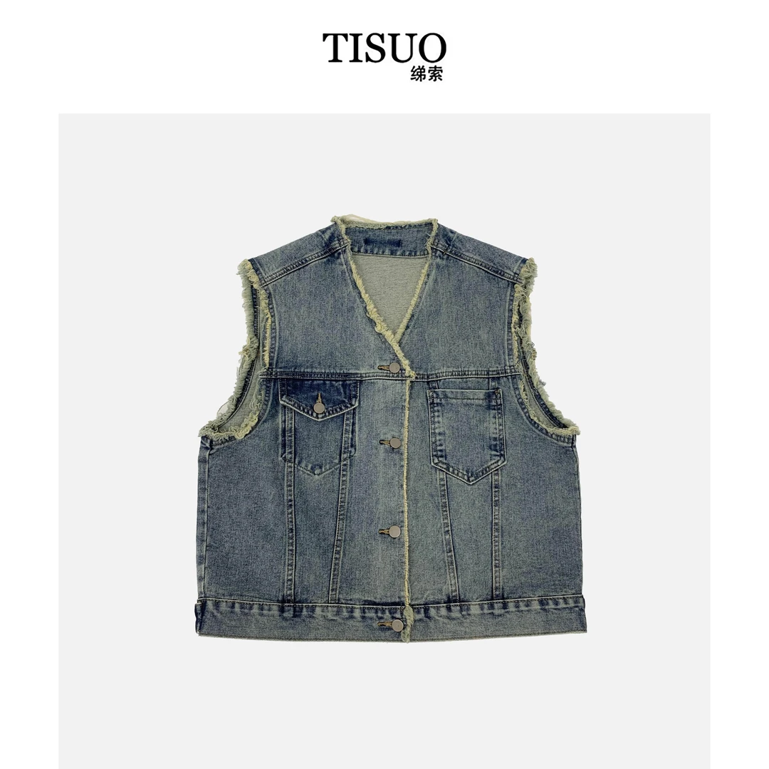 TISUO/绨索复古毛边V领夏季牛仔马甲马夹【牛仔系】TS206601