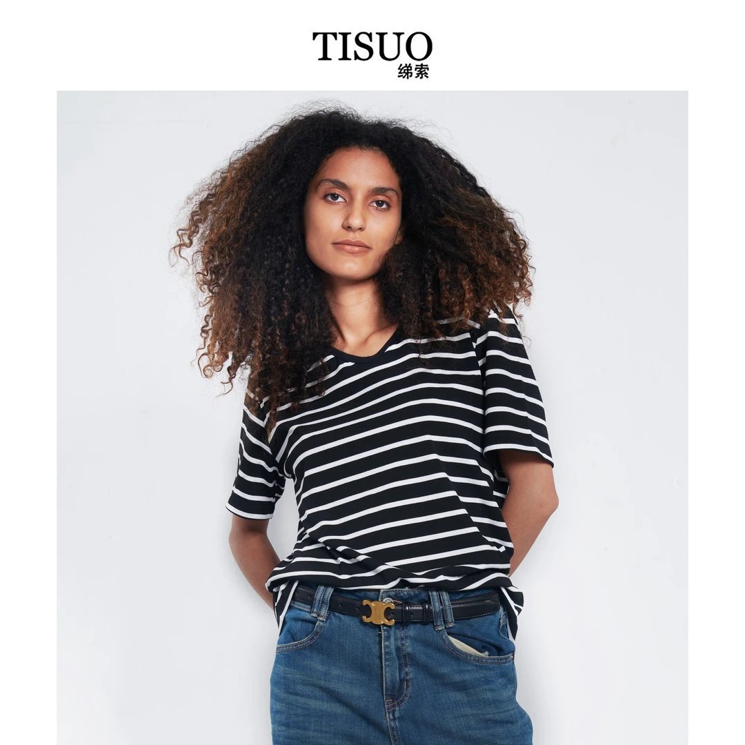 TISUO/绨索 黑白条纹U领螺纹针织T恤 TS306869