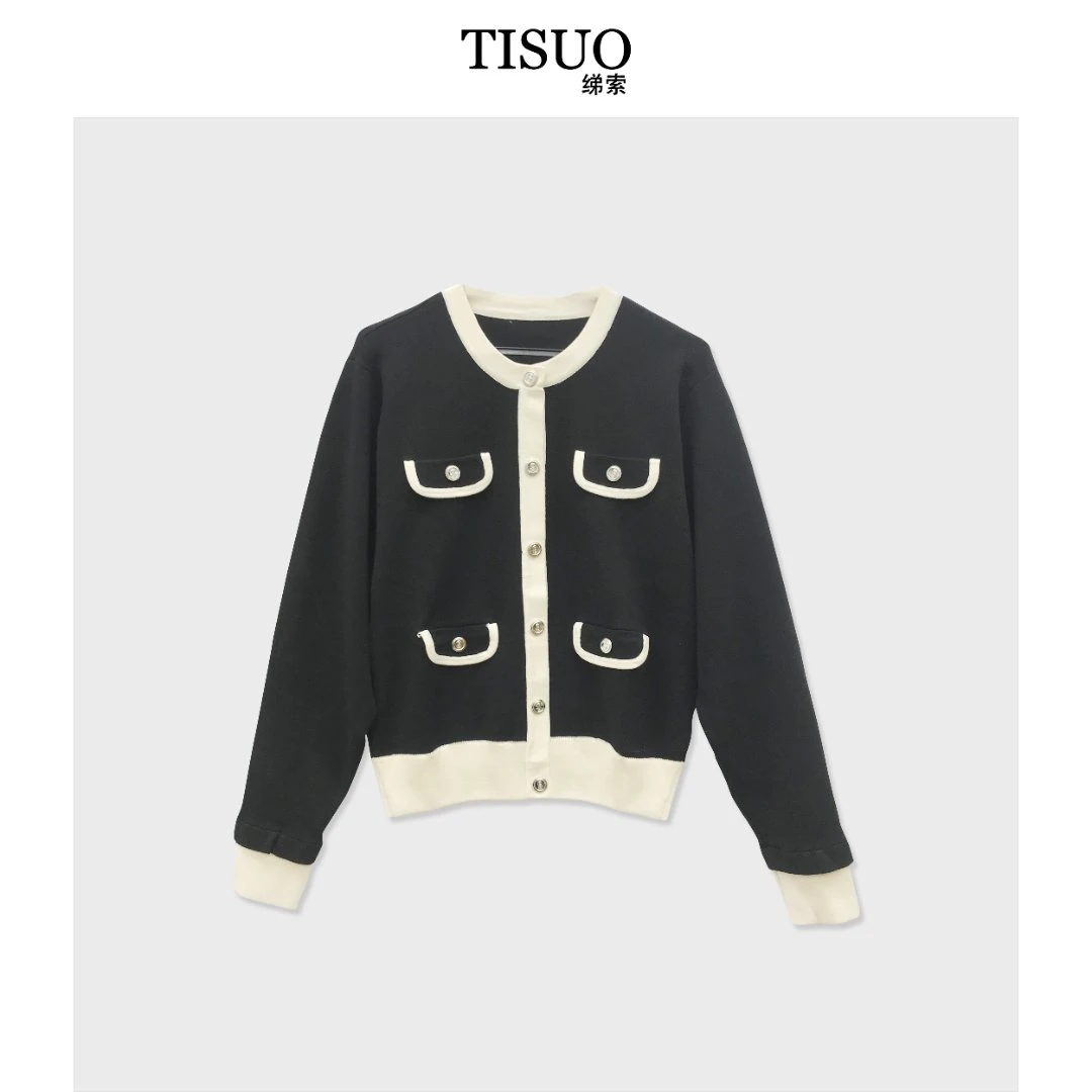 TISUO/绨索镶边圆领针织夹克百搭小香风粗花呢黑色TS303822