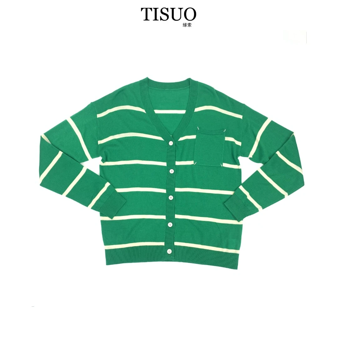 TISUO/绨索马吉拉调性休闲条纹开衫长袖秋季绿色毛衣圆领TS303503