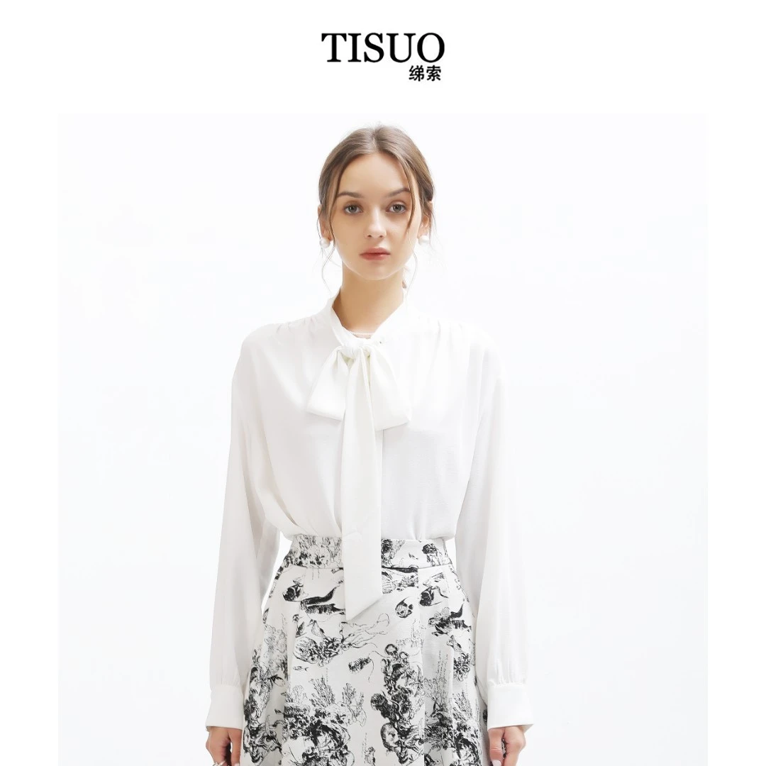 TISUO/绨索法式轻奢飘带鬼皱女士白衬衫宽松白色小众TS203601B