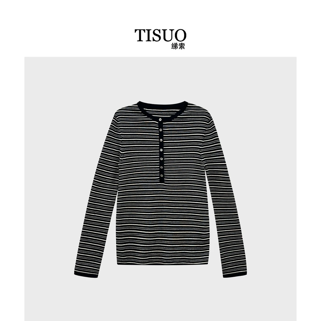 TISUO/绨索 立亨领羊毛条纹针织上衣 TS841911