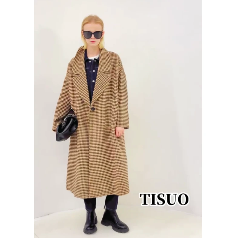 TISUO/绨索设计师款气质大翻领格子阔形大衣冬季双面呢TS210001