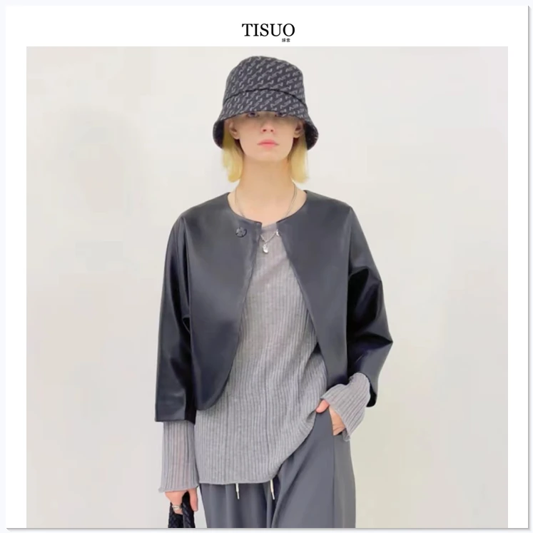 TISUO/绨索帅气极简短款蛋白皮衣外套 TS208615