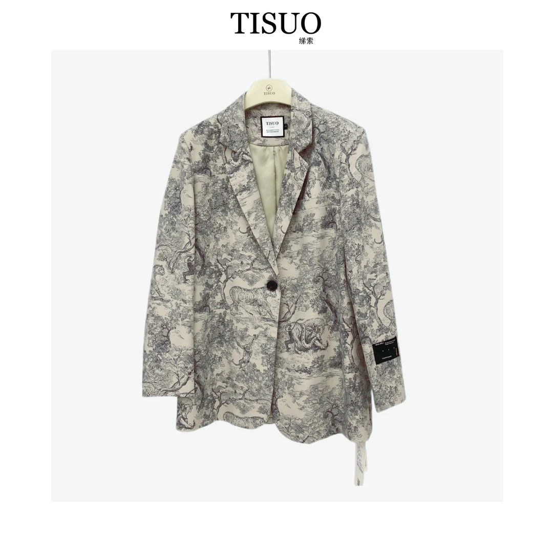 TISUO/绨索丛林印花西装女士上衣复古设计花纹涤纶长袖TS210601