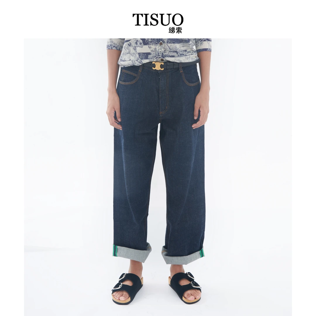 TISUO/绨索绿边薄款宽松微秋冬阔腿牛仔裤复古TS204312