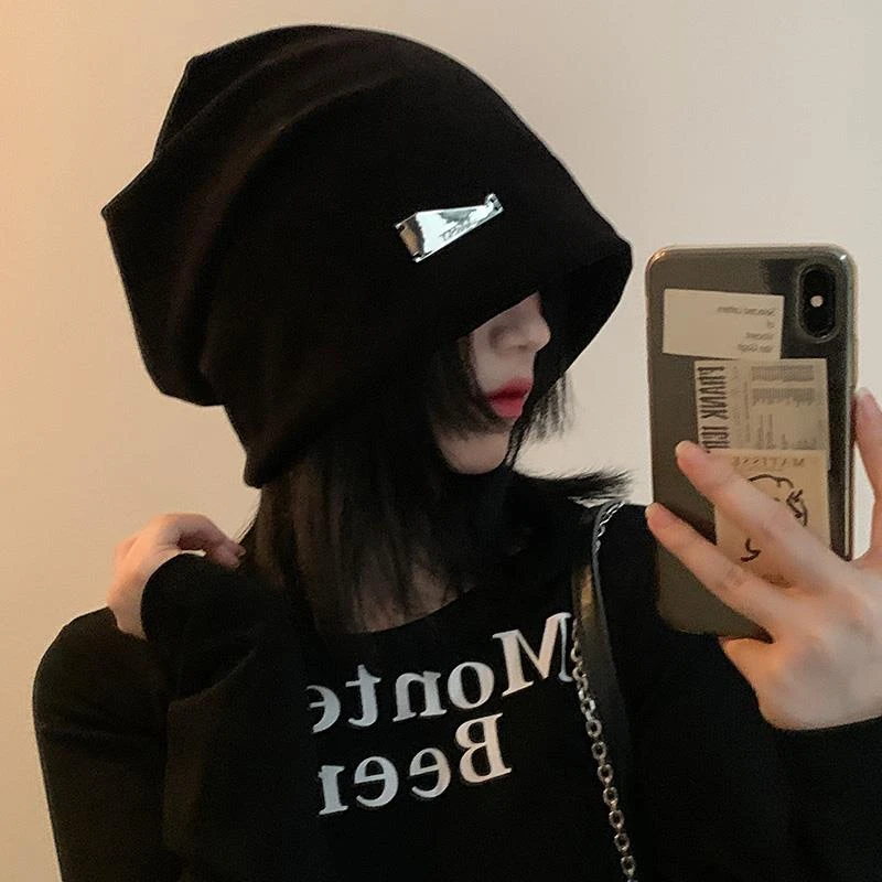 金属标堆堆帽女秋冬季日系大头围百搭包头冷帽韩版显脸小黑色帽子