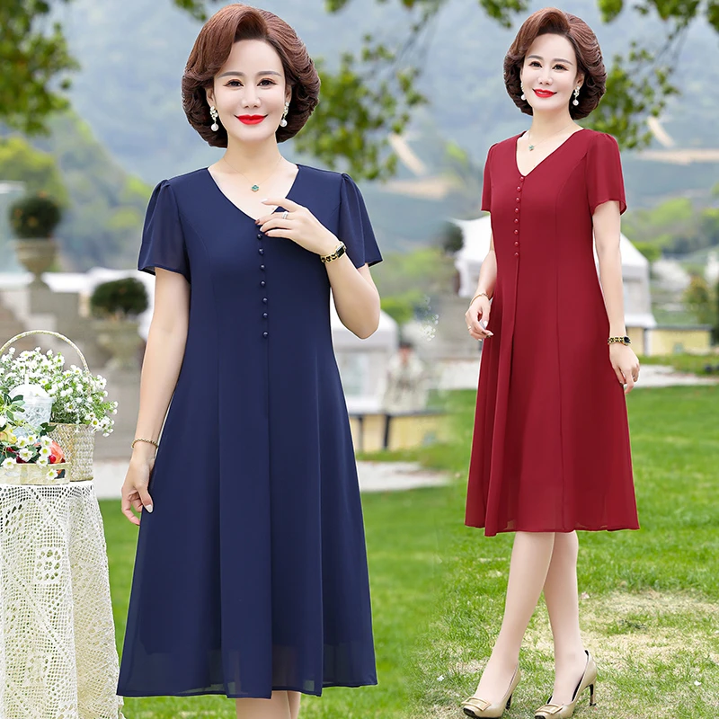 中年妈妈气质洋气雪纺短袖连衣裙中老年女装纯色裙子高档连衣裙