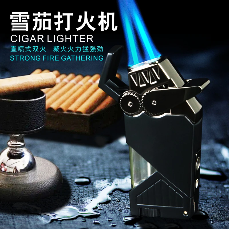 高档多功能双直冲打火机创意个性防风金属蓝焰礼盒男士网红礼物