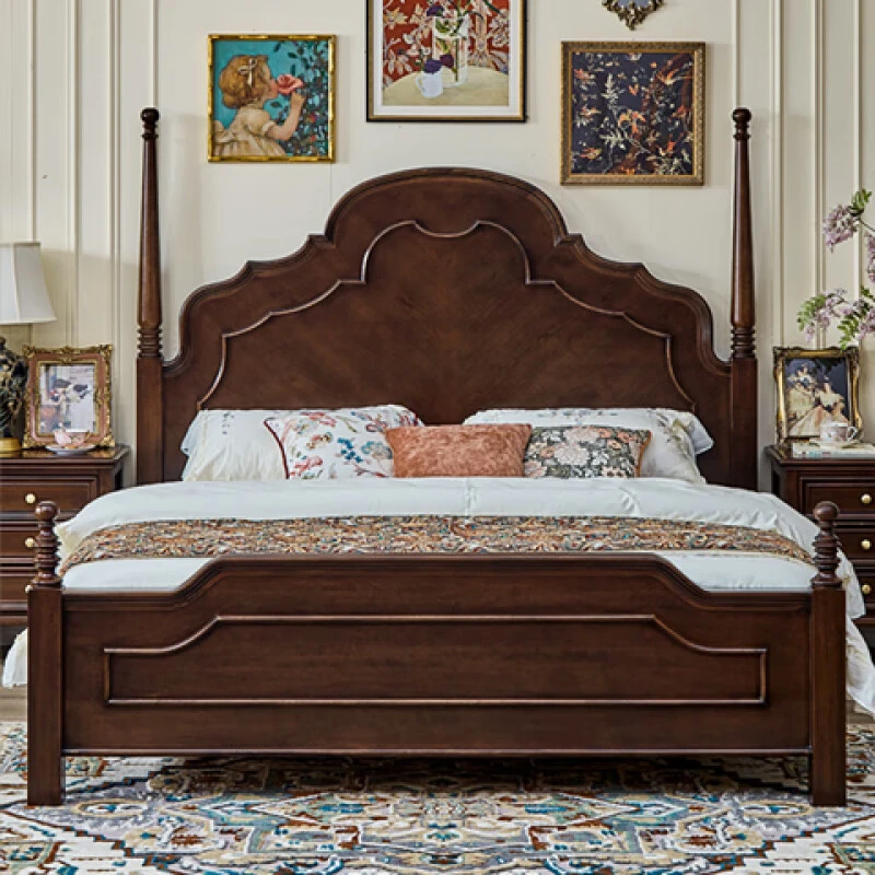 方寸毫厘美式纯全实木床中古风床法式双人大婚床实木樱桃木床做旧