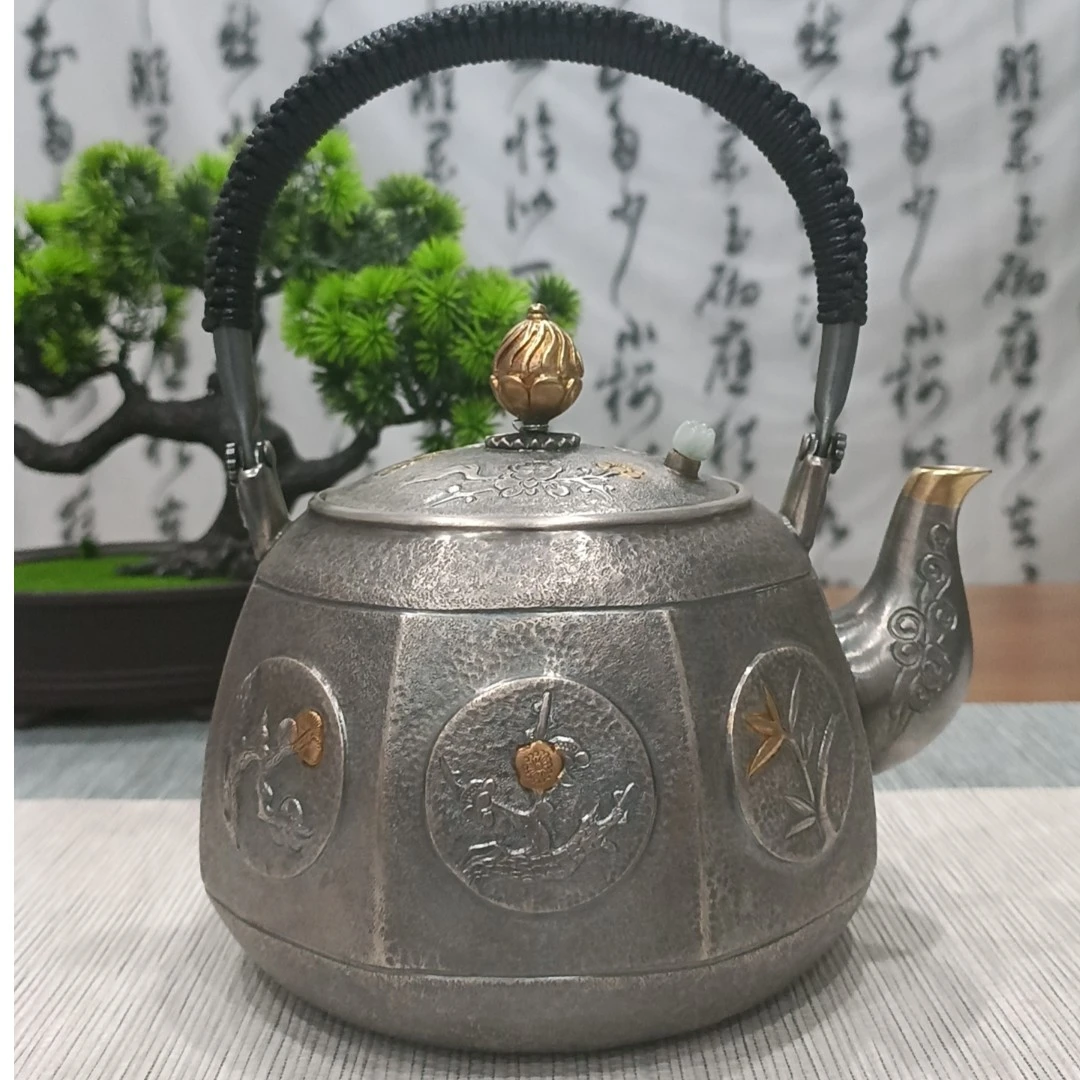古悦手工艺品  八方六君子烧水壶 纯手工八方錾刻送礼烧水壶约1L