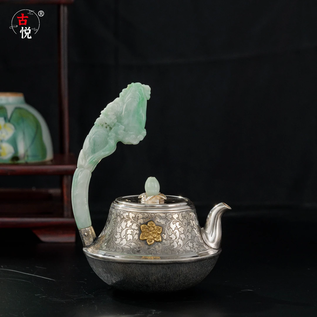 古悦 悦翠系列 高山流水缠枝 足银999纯手工中式原创家用泡茶壶
