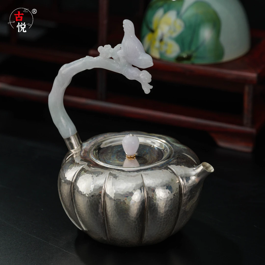 古悦 悦翠系列 翡翠手把好运南瓜 足银999手工錾刻家用仿生泡茶壶