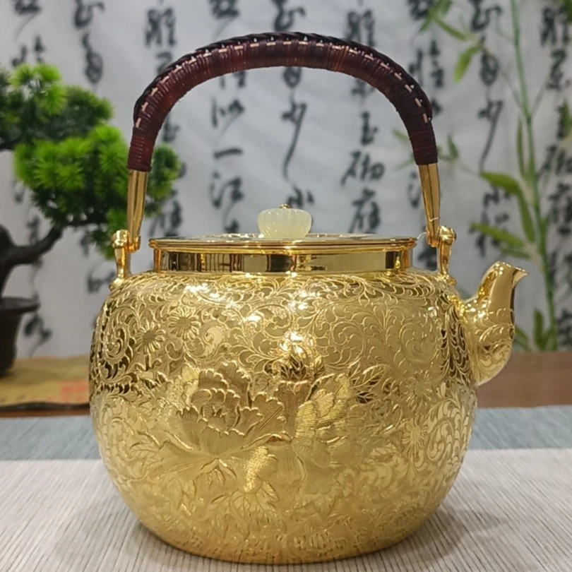 【古悦】品牌全手工镀金缠枝莲煮水烧水壶中式复古家用茶具约1L