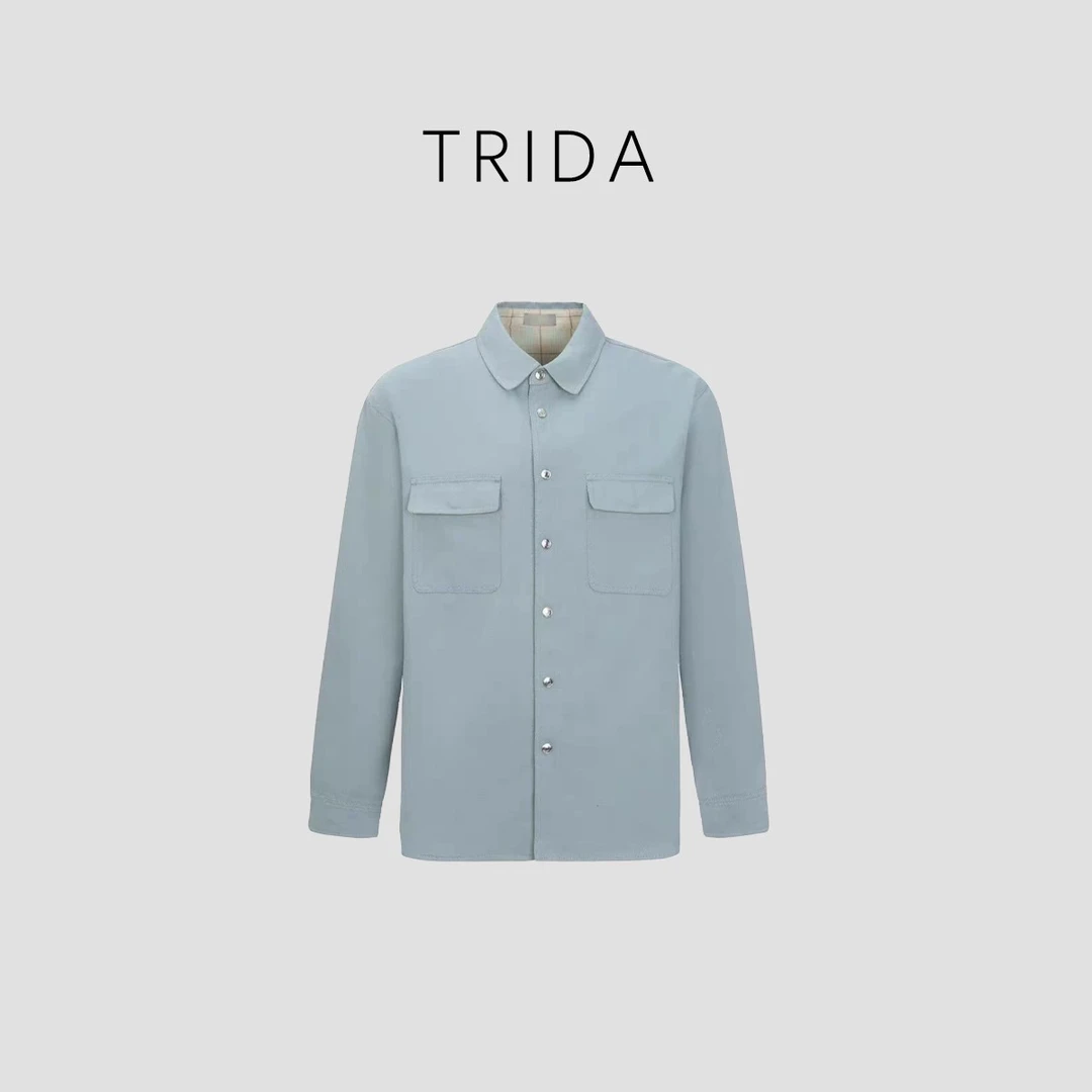 【九妹极简】女士蓝色翻领纽扣宽松版双面长袖衬衫9535B