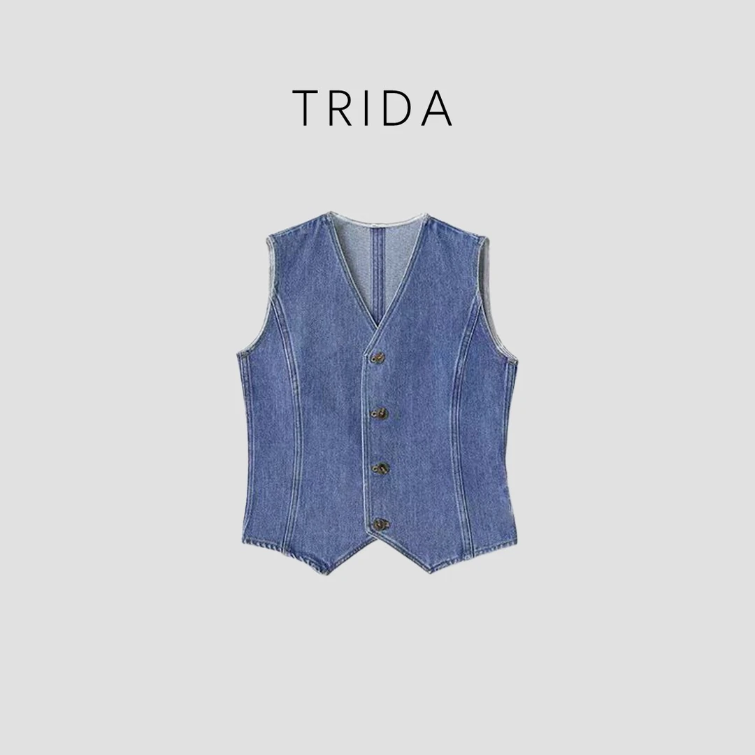【九妹极简】女士牛仔蓝V领无袖剪裁休闲百搭纽扣马甲9405