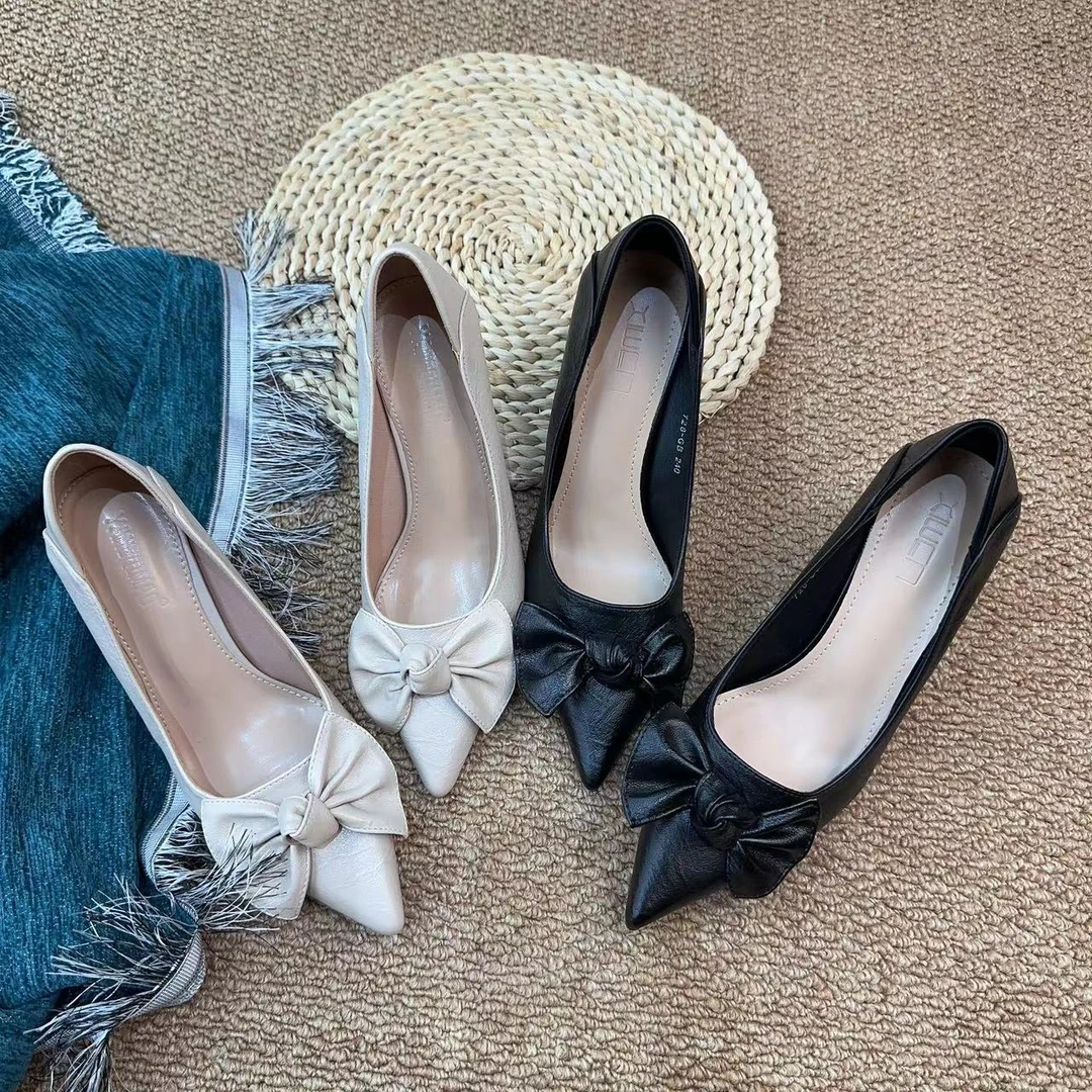 A28小个子蝴蝶结浅口高跟鞋女职业黑色气质女士尖头单鞋百搭女鞋