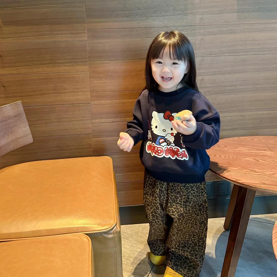 《现货》2024秋季新款韩版女童卡通T恤搭潮流百搭豹纹休闲裤套装