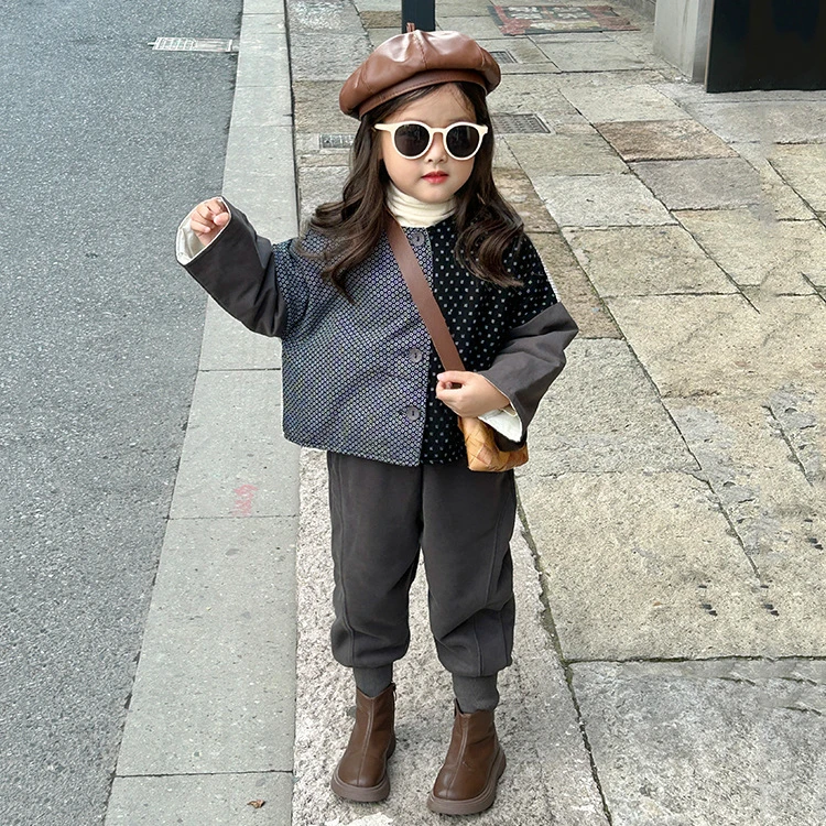 《现货》拼接夹棉外套2023冬季新款韩版棉衣女加厚中小童加绒卫裤