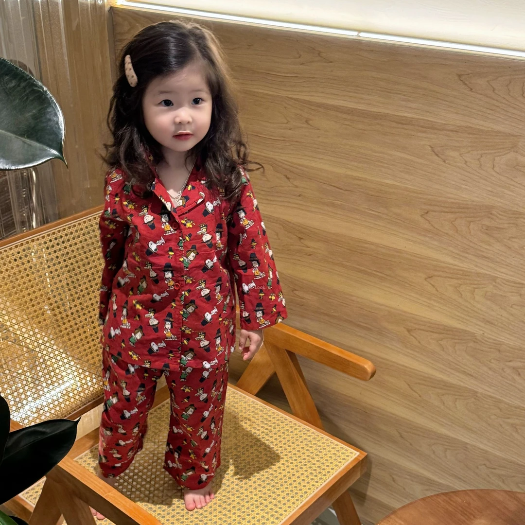 《现货》2024秋季新款韩版女童可爱卡通史努比橘红色家居服套装
