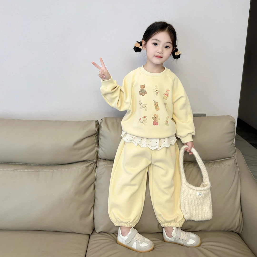 《现货》2024秋季新款韩版女童黄色卡通圆领卫衣搭同色束脚裤套装