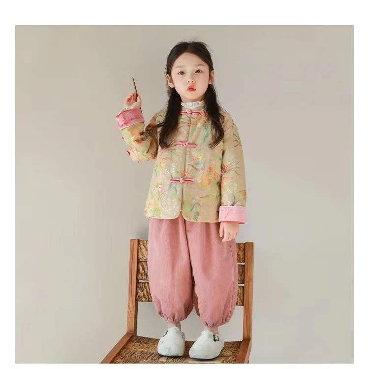 『现货』儿童2024唐装新中式国风女童中式盘扣长袖棉服外套灯芯绒裤