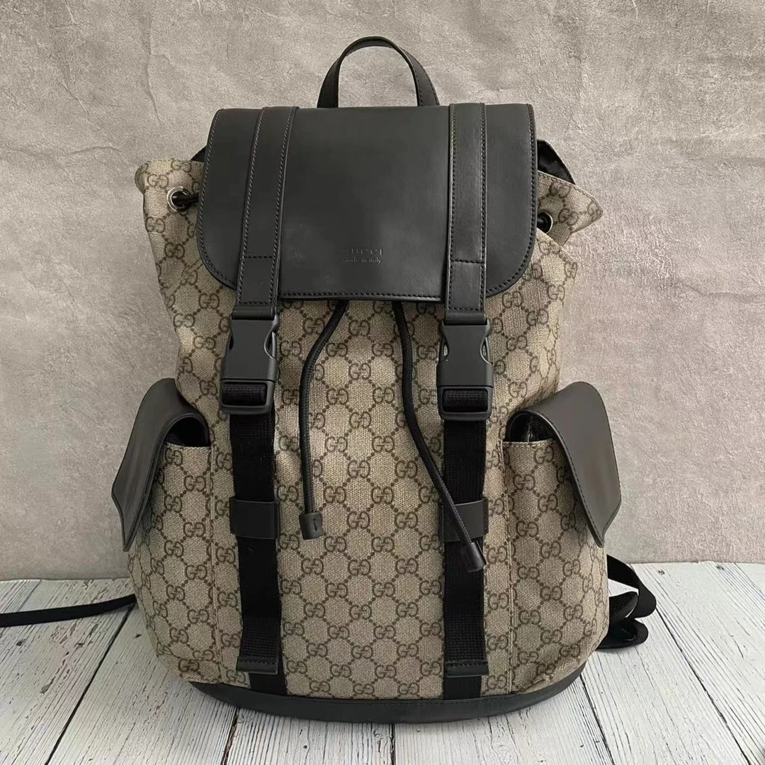 99新 GUCCI/古驰 gucci老花拼黑皮双肩包中号97新