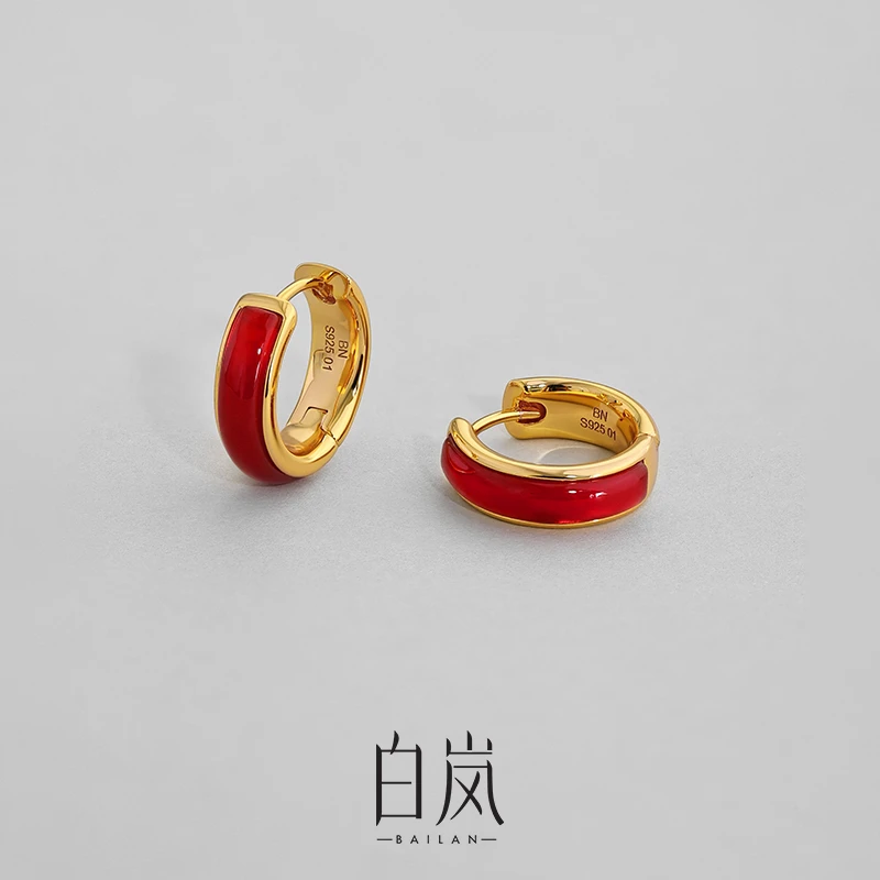 白岚红玛瑙耳圈925银简约气质耳环蛇年新款女设计ED4437