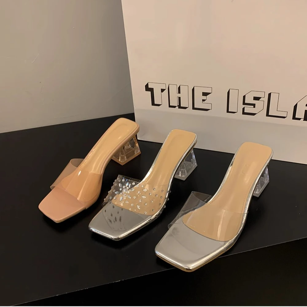 凉拖鞋女夏季外穿时尚2024新款方头一字带透明水晶跟粗跟高跟凉鞋
