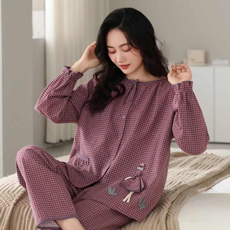 睡衣女春秋款纯棉长袖长裤女士格子秋季可外穿宽松大码家居服套装