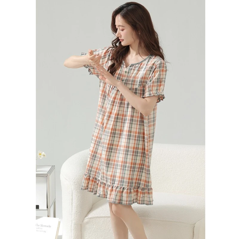 睡裙女夏季薄款纯棉大码夏天宽松中长款格子甜美显瘦女士时尚睡衣