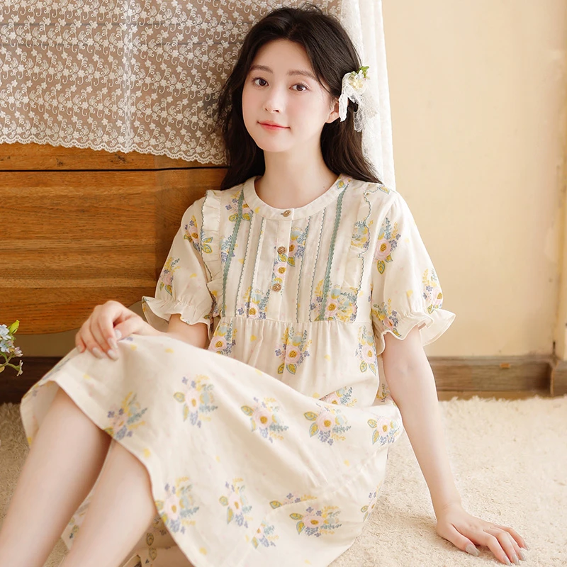 女士睡裙纯棉夏季高档大码宽松外穿薄款全棉网红夏天中长款睡衣裙