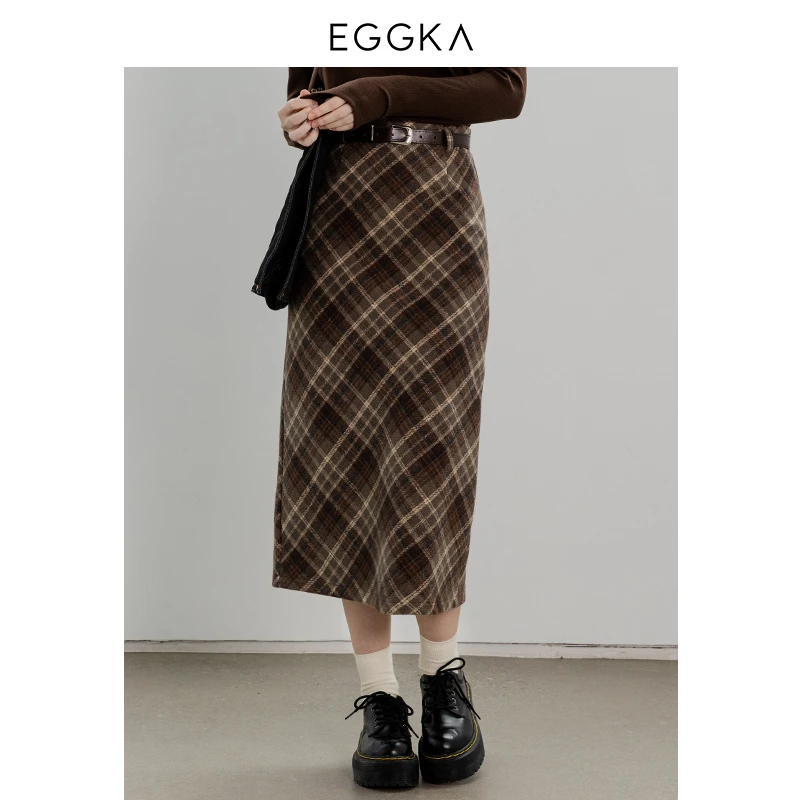 EGGKA  复古格纹气质高腰女春夏设计感百搭A字半身裙 E23B3723AG