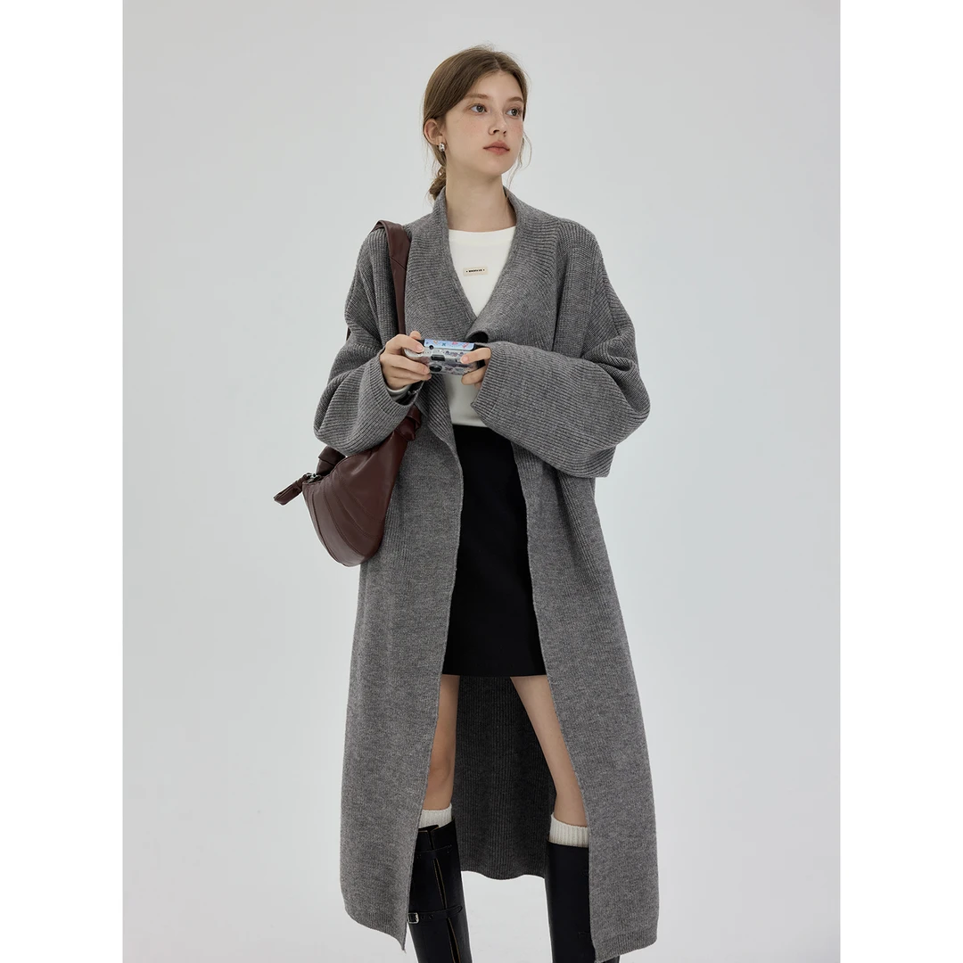 EGGKA 宽松慵懒松弛感长款开衫毛衣冬季百搭针织外套 E24A4230BK