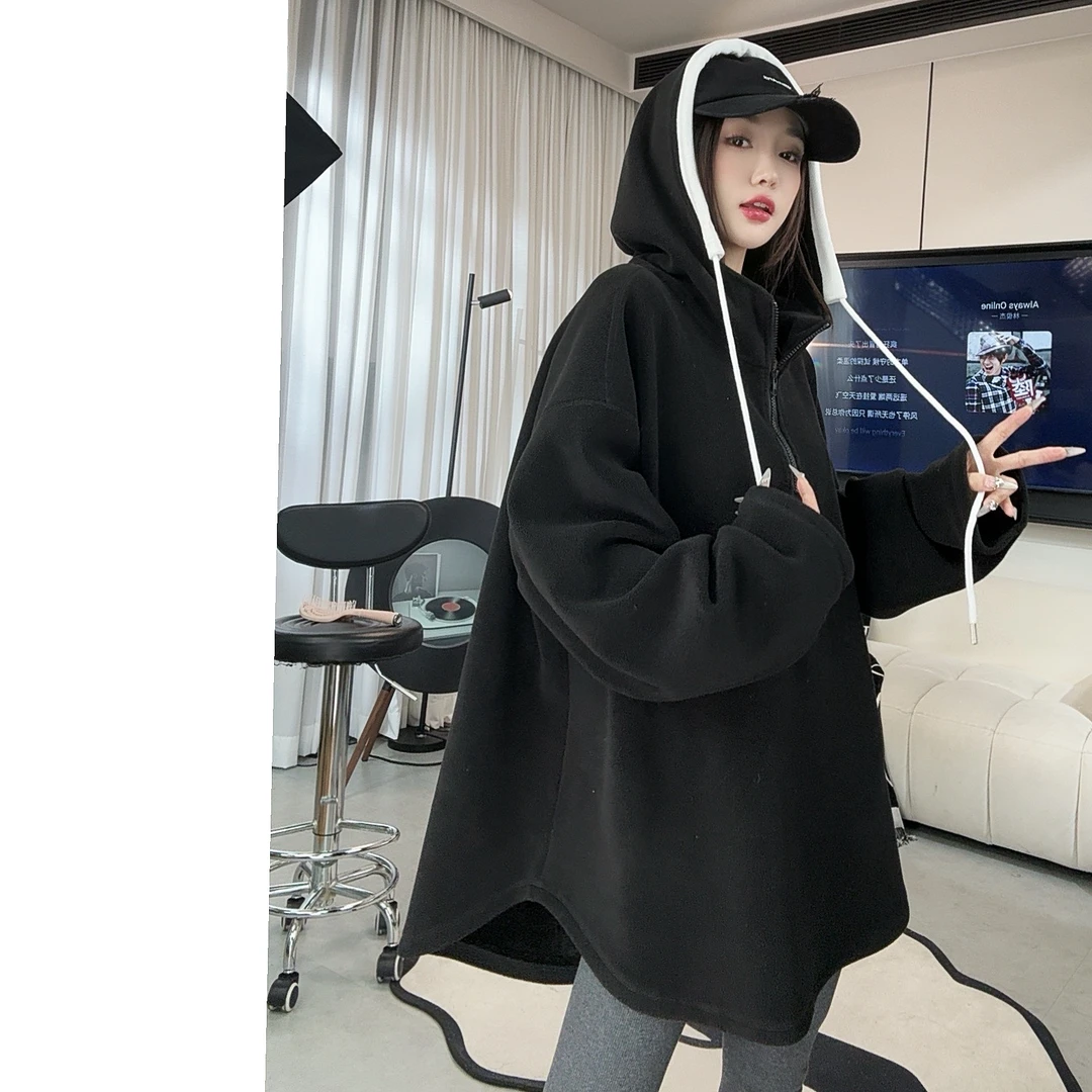 【赵一一】冬季颗粒绒绵软舒适连帽撞色卫衣百搭休闲时髦22431