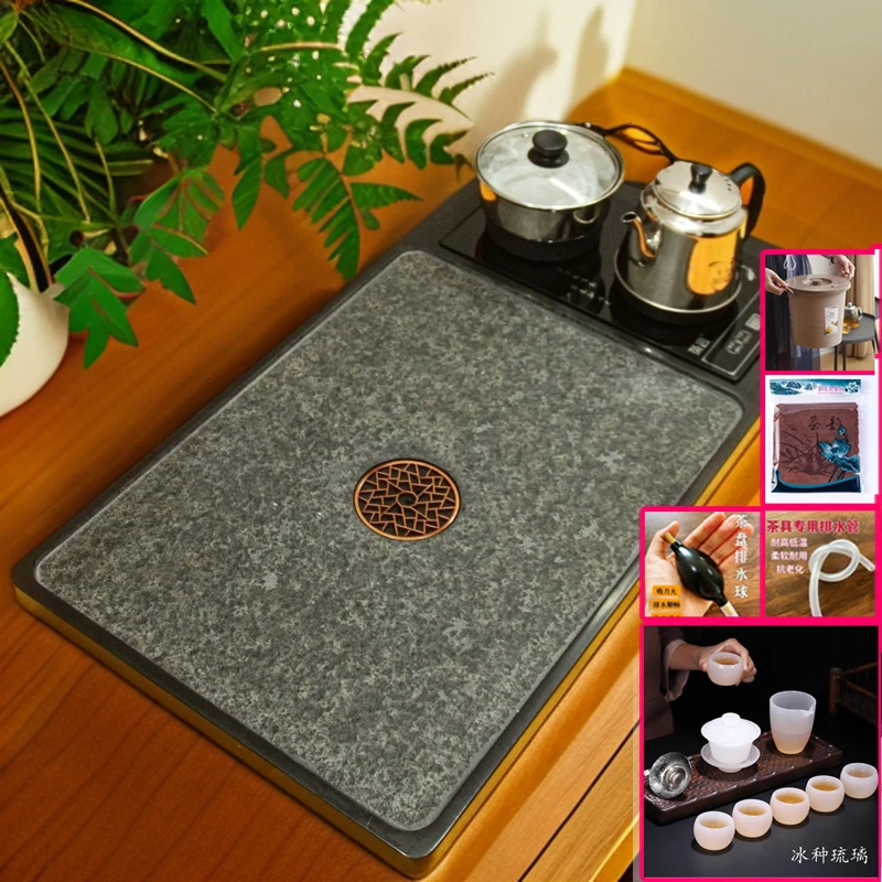 天然乌金石茶盘家用一体原石茶盘干泡复古灰色带排水简约大号家居