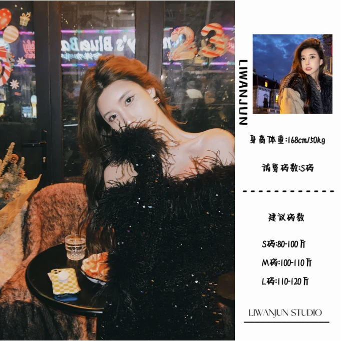 婉君【惊艳全场】小众一字肩亮片连衣裙LWJ22D4Q107
