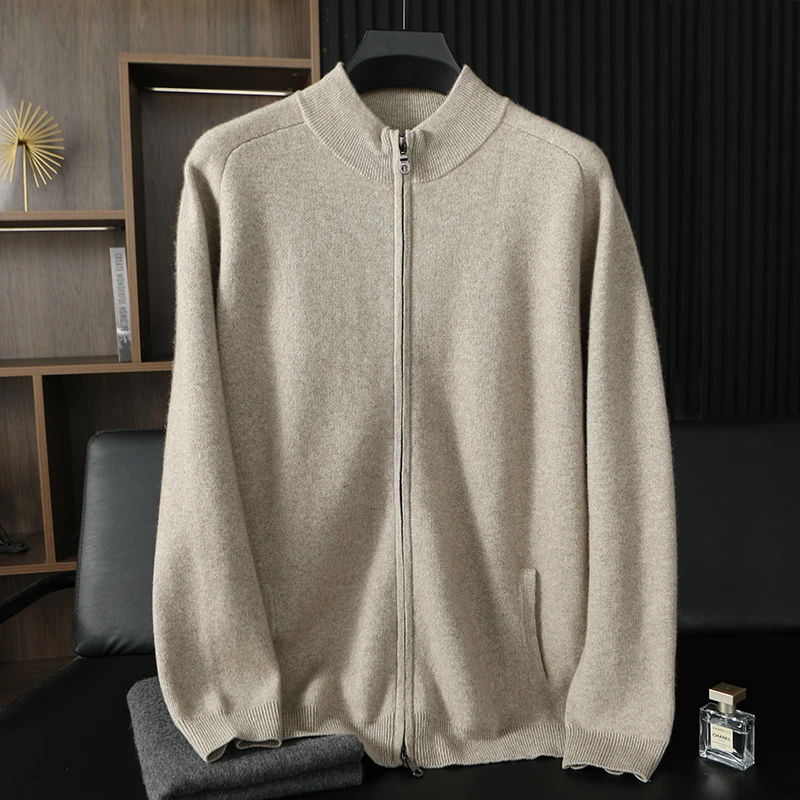 【不议价】男士100%纯羊绒针织长袖插肩半高领四平加厚款马鞍肩开衫