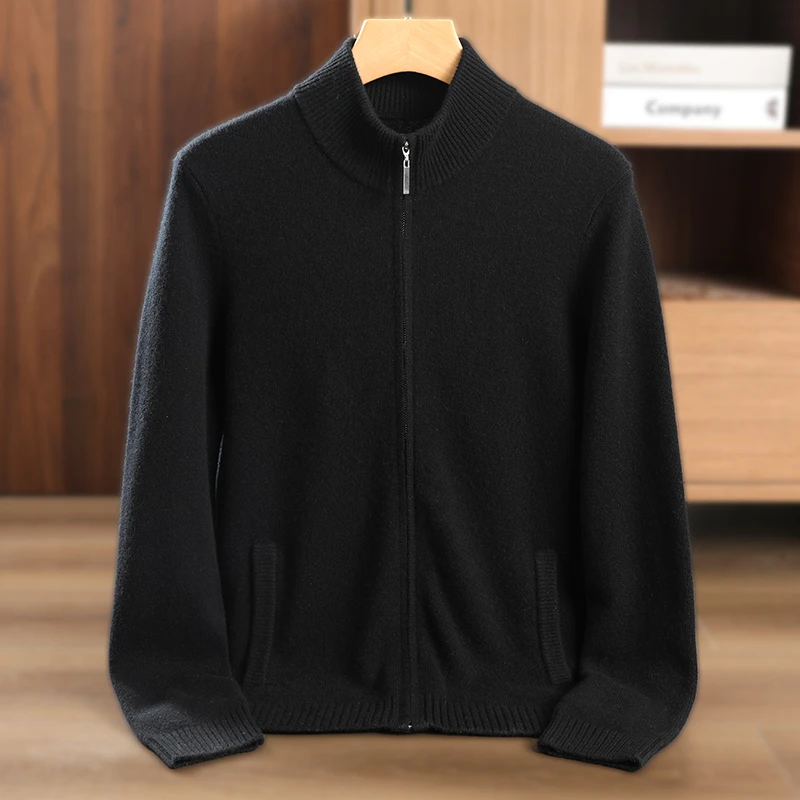 【不议价】男士纯山羊绒针织长袖插肩半高领带兜拉链新款开衫外套