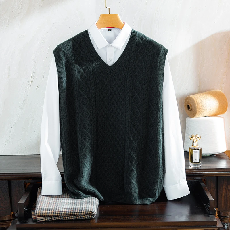 【新店特惠】男士纯山羊绒针织双线加厚绞花V领长袖休闲时尚马甲